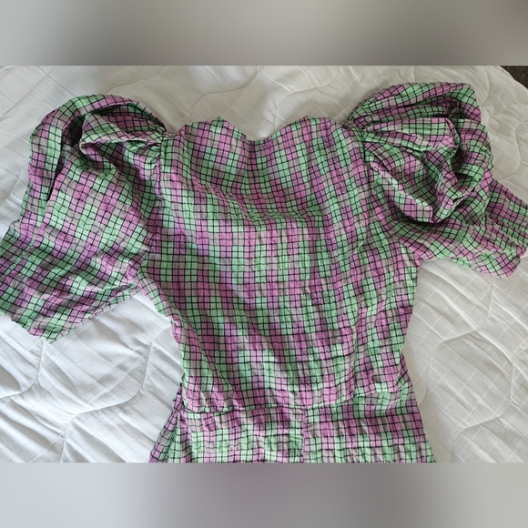 ZARA Pink & Green Plaid Seersucker Puff Sleeve Midi Dress | SZ XS - Picture 12 of 15